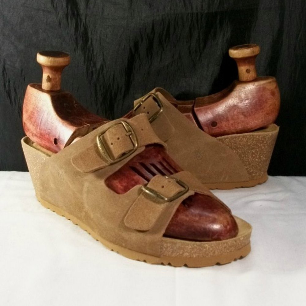 YOKONO DOUBLE BAND LIGHT BROWN SUEDE LEATHER WEDGE WOMEN'S SANDALS 8M